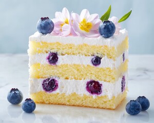 Lemon sponge cake with layers of whipped cream and blueberry filling, decorated with edible flowers and fresh blueberries.