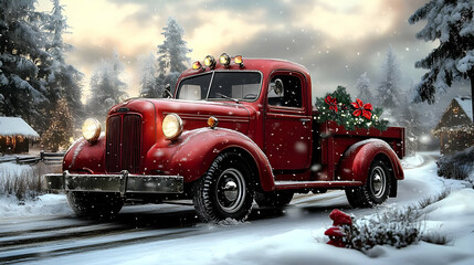Red Vintage Pickup Truck in Snowy Winter Landscape Illustration