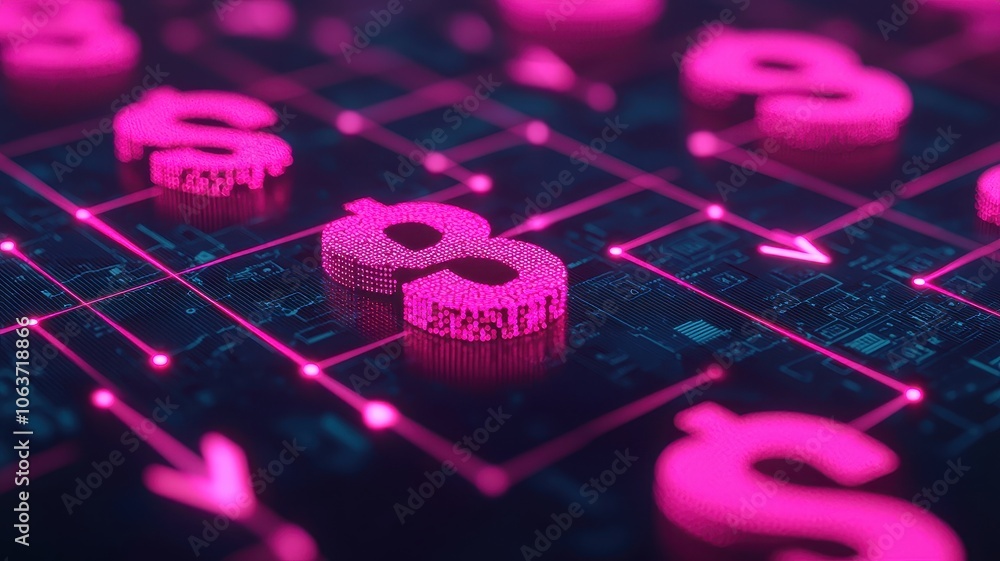 Poster a vibrant digital scene featuring pink dollar signs against a dark background with interconnected li