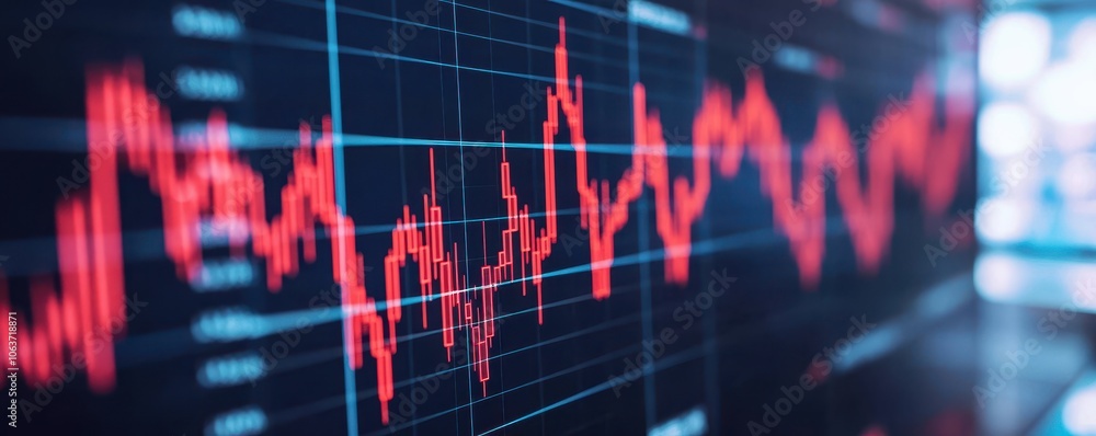 Poster a close-up view of a red line graph on a digital screen, illustrating fluctuations or trends in data