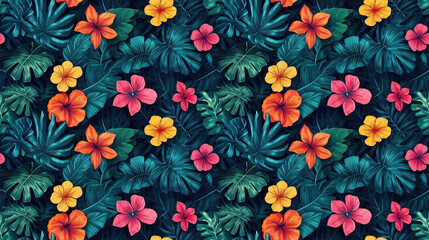 Creative seamless pattern featuring hand drawn tropical leaves and vibrant flowers ideal for fabric design or interior decor
