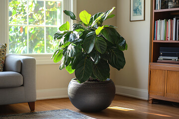 A large houseplant in a decorative pot in a living room corner.