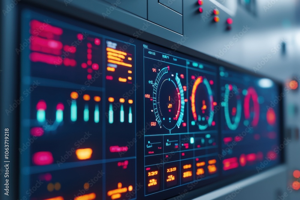Poster a close-up view of a digital control panel with colorful screens, dials, and indicators displaying v