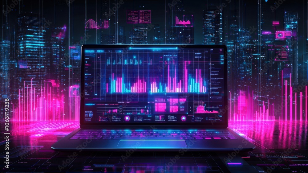 Poster a vibrant laptop screen displays colorful data visualizations against a futuristic city backdrop, em