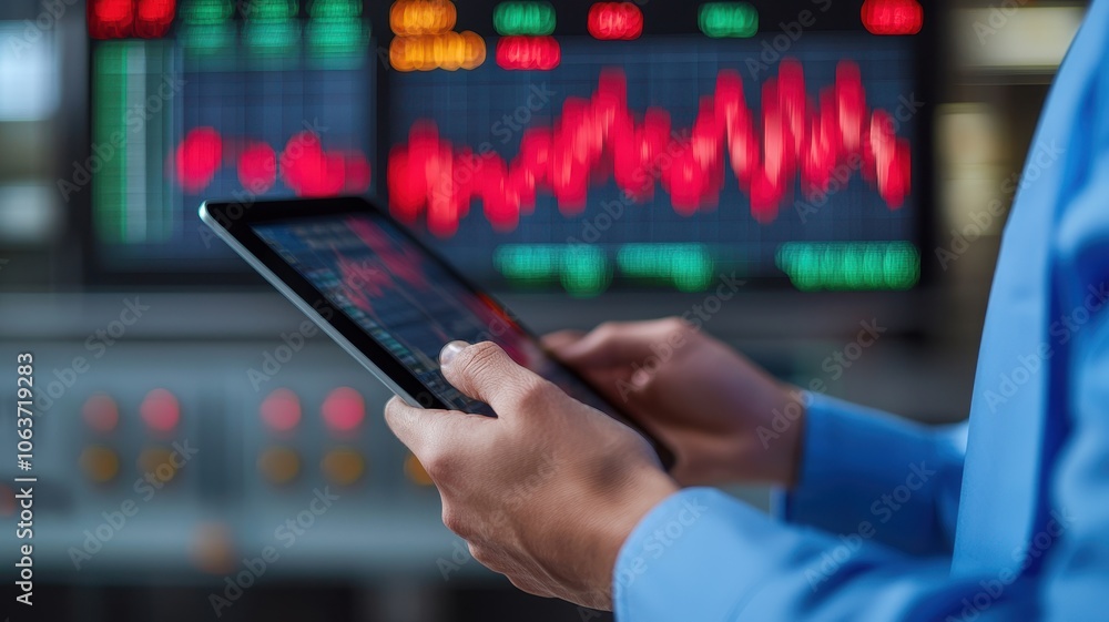 Poster a person using a tablet to analyze financial data, set against a backdrop of colorful graphs and cha