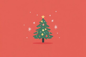Obraz premium Simple Christmas tree with ornaments and a star on top, surrounded by small snowflakes on a red background