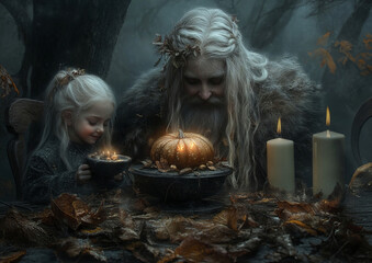 Elderly Man and Child in Enchanted Forest Setting with Glowing Pumpkin and Candlelight, Mystical Autumn Scene