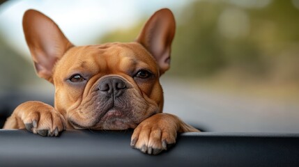 A French Bulldog looks out through a car window, capturing a serene and thoughtful moment. The dog seems to be enjoying the view and gentle breeze.