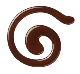 Round dark chocolate sauce swirl on white background