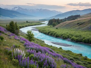 Soft Diffused Light Illuminates a Serene River Winding Through Lush Greenery and Tranquil Nature
