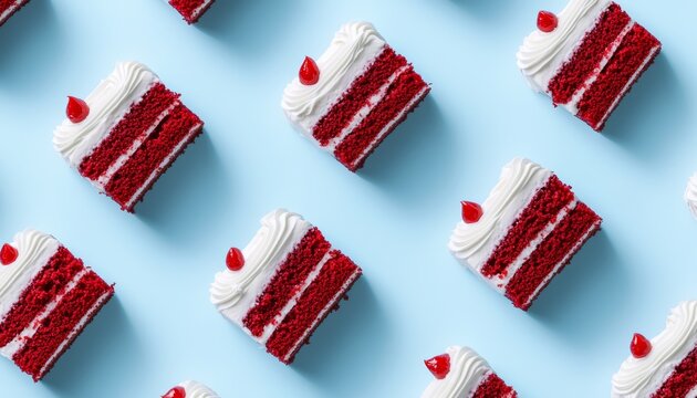 Seamless pattern of red velvet cake slices with cream cheese frosting on a pastel blue background.