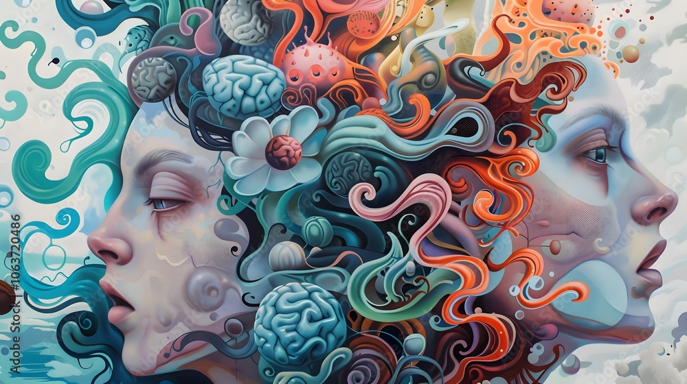 Poster surreal digital artwork depicting interconnected faces and neural connections in a vibrant psychedel