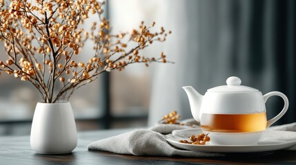 A serene setup featuring a white teapot filled with tea, resting on a table alongside a vase of dried branches, in a warmly lit, cozy indoor setting.