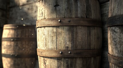 The background is made of old wooden barrels