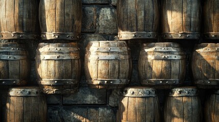 The background is made of old wooden barrels