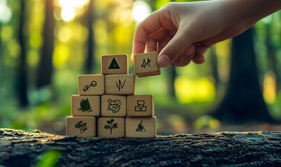 Hand Placing Wooden Block with Eco Symbols on Tree Trunk in Forest