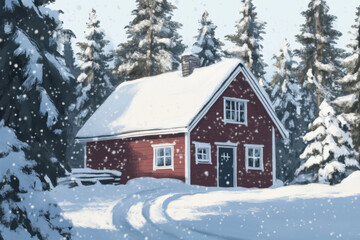 Winter cabin in -covered serene skies