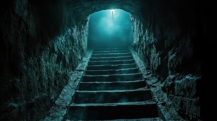 A narrow, stone staircase leads up to a light at the end of a dark, mysterious tunnel.