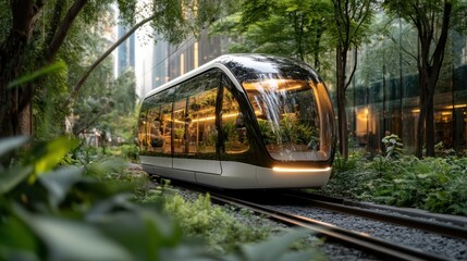 A modern, sleek train car with transparent walls gliding through a lush forest setting, perfectly blending technological advancement with natural beauty.