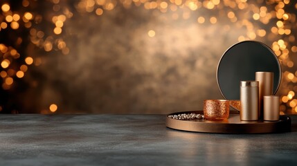 A luxurious spa-like setting featuring golden candlelight reflections, creating an atmosphere of serenity and relaxation with elegant and soothing elements.