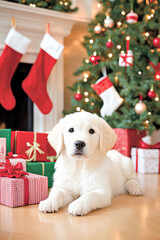 A white dog is laying on the floor in front of a Christmas tree
