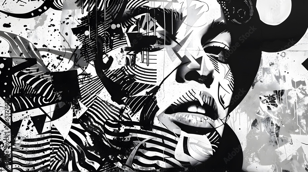 Poster striking monochrome abstract surreal shapes and patterns digital art composition