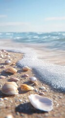 Seashells on Sandy Beach with Gentle Ocean Waves