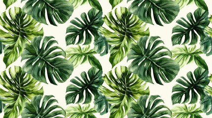 Watercolor seamless pattern featuring lush jungle leaves including palm and monstera perfect for summer botanical designs