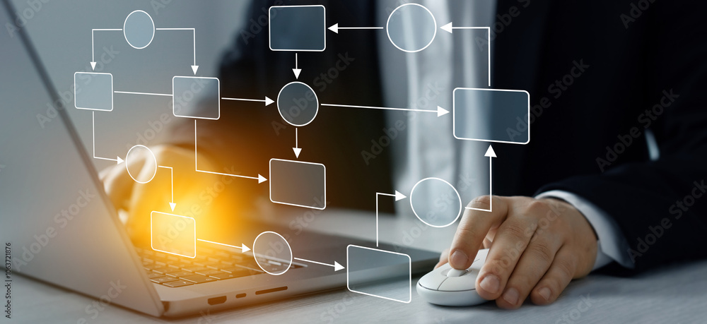 Aufkleber Chart scheme hierarchy management of corporate. Digital technology of business process and workflow automation with flowchart and processing management.	