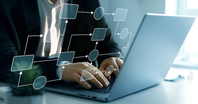 Chart scheme hierarchy management of corporate. Digital technology of business process and workflow automation with flowchart and processing management.	