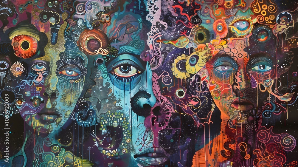 Poster surreal psychedelic digital artwork with vibrant colorful abstract faces and forms
