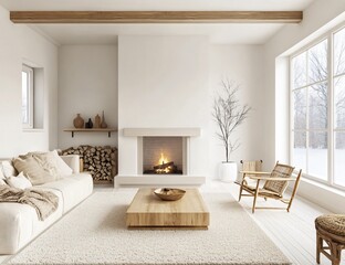 Fototapeta premium Cozy Minimalist Living Room with Fireplace and Large Window