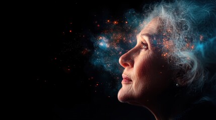 An elderly woman gazes into the universe, her thoughts depicted through cosmic energy and stars, symbolizing wisdom, imagination, and the vastness of the mind.