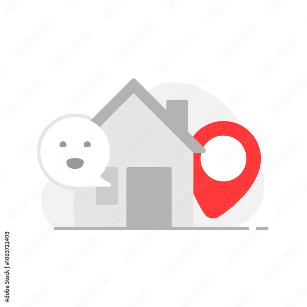 Poster illustration of empty house silhouette with a location pin, no address or location added. missing lo