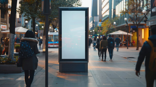 Interactive touchscreen billboard in a modern city square, allowing users to explore brand features by swiping through content. The design is sleek and intuitive
