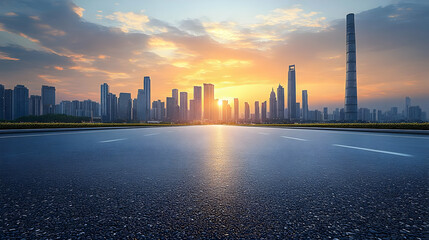 Asphalt Road Towards City Skyline Illustration