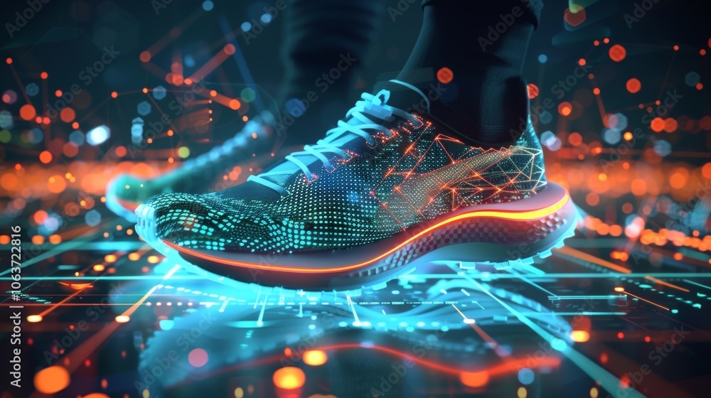 Poster close up of futuristic running shoes with glowing lights and digital interface, showcasing the integ