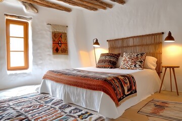 A bohemian-style bedroom with a mix of colorful textiles, a rattan headboard, patterned pillows and blankets.