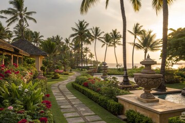 Soft Golden Lighting Enhances the Beauty of a Serene Tropical Garden with Lush Greenery and Flowers