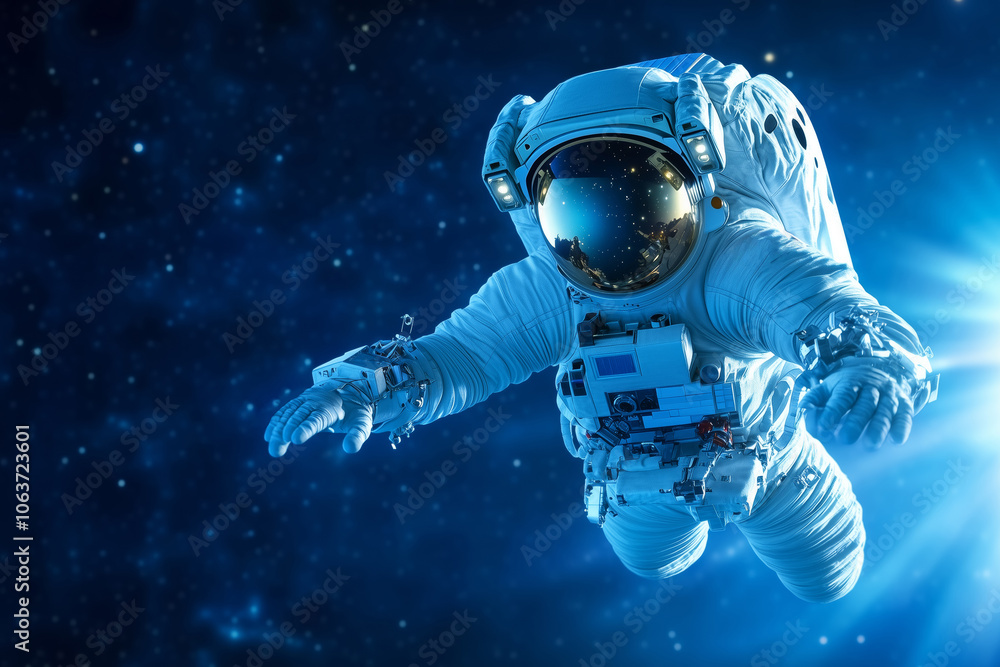 Poster astronaut floating in the vastness of space against a backdrop o