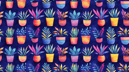 Naklejka premium Seamless pattern of vibrant watercolor house plants in decorative pots ideal for fabric designs and home decor
