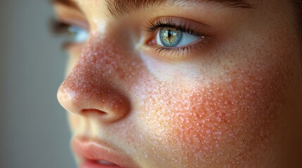 A young woman focuses on her skincare routine, showcasing her smooth complexion, freckles, and sparkling skin texture illuminated by soft lighting.