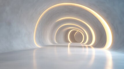 Obraz premium A futuristic tunnel showcases luminous spiraling light patterns, illustrating futuristic architecture and a sense of mystery and adventure in its curves.