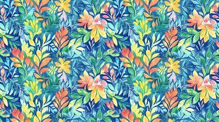 Seamless watercolor floral pattern featuring vibrant colors and abstract designs ideal for wallpaper and textile applications
