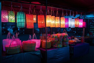 Obraz premium Colorful Lanterns and Baskets at Night Market