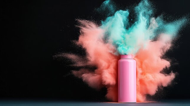 A pink container erupts with a mix of orange and blue powder against a stark black backdrop, creating a dynamic and energetic display of color and form.
