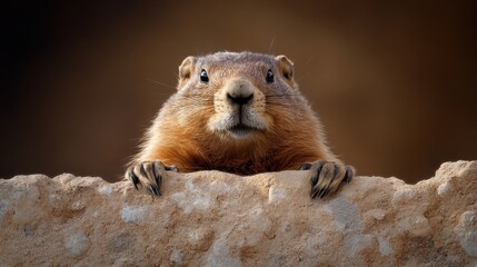 Fototapeta premium A charming prairie dog with inquisitive eyes peers over a rocky edge, showcasing its playful nature and the serene beauty of its natural habitat.
