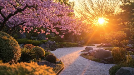 A peaceful cherry blossom garden at sunrise, with pink flowers glowing in the warm light, evoking a sense of serenity and beauty.