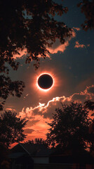 Obraz premium Amazing solar eclipse with yellow rays of light on the starry sky. Sun and moon in space 