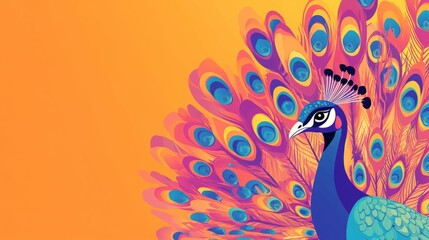 Fototapeta premium A vibrant peacock displaying its colorful feathers against a bold orange background.